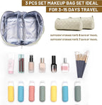 BOYATU Travel Makeup Bag Organizer: 3 Pcs Set Large Capacity Cosmetic Bags Holds 10–20 100ml Full-Size Bottles - 180°Open-Flat Make up Case 3-sec touch-up - Toiletry Bag Gift women (01-D-Beige)