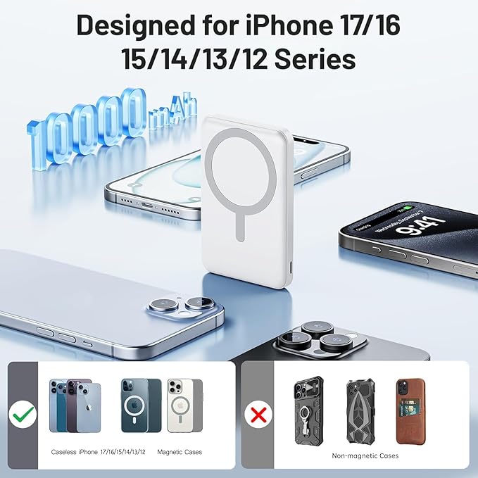 AOGUERBE for MagSafe Portable Charger, 10000mAh Magnetic Power Bank 22.5W Fast Charging, Mini Battery Pack Wireless with LED Display&Foldable Stand for iPhone 17/16/15/14/13/12 Series (Polar White)