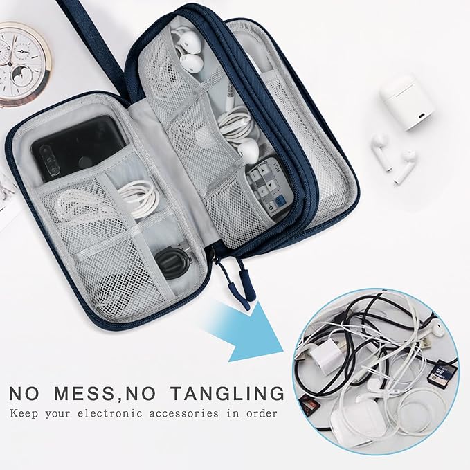Skycase Electronic Organizer Travel Case - Waterproof Travel Cord Pouches for Organization, Cable Organizer, All-in-One Double Layers Storage Bag for Accessories, Charger, Cable, Navy - Medium