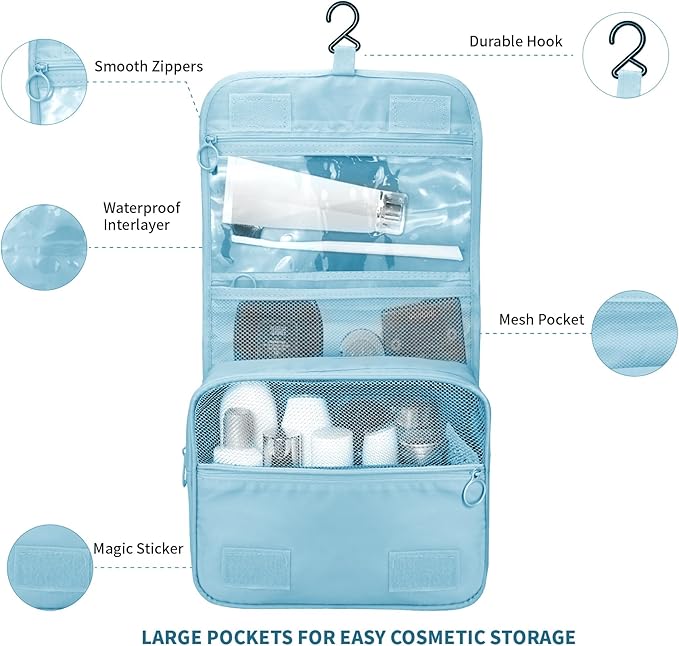 Lcsmaokin Large Capacity Toiletry Bag Travel Bag with Hanging Hook for Men and Women Waterproof Travel Cosmetic Bag Bathroom Storage Bag for Brushes Set, Full-Sized Shampoo,Accessories(Baby Blue)