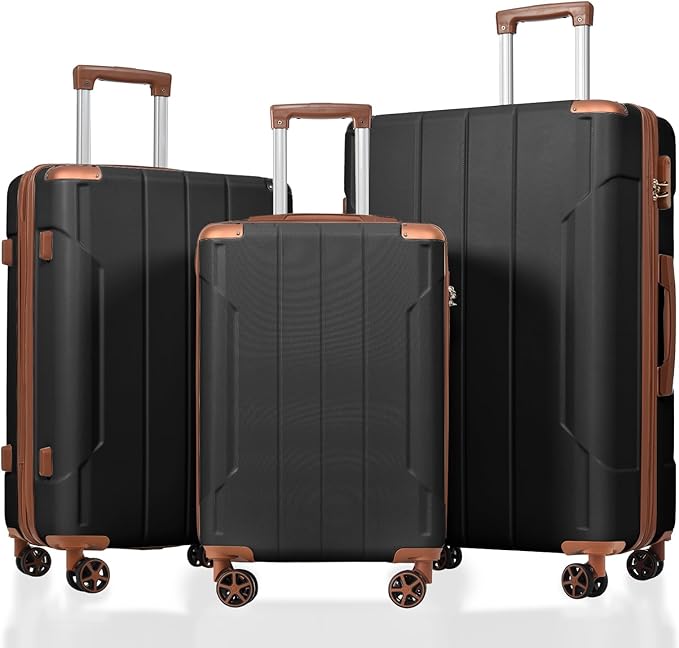 3 Piece Luggage Set, Hardside Suitcase with Spinner Wheels, TSA Lock & Expandable Hard Shell, Carry on and Checked Luggage for Travel, Maletas de Viaje for Men & Women(Black Brown 3 Sets, 20/24/28")