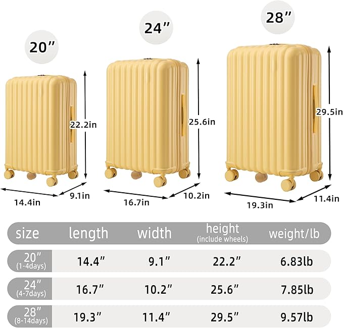 Luggage Sets 3 Piece with Double Spinner Wheels, Carry on Hardshell ABS Suitcases Set with TSA Lock, Lghtweight Checked Luggage for Different Travelling (Yellow, 20"/24"/28")
