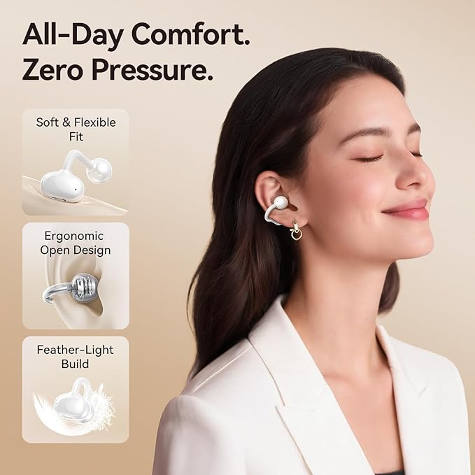 Kinglucky Jewelry-Inspired Clip-On Earbuds with Diamond Earrings, Comfortable Fit & 40H Playtime Open Ear Bluetooth 5.4 Wireless Headphones for Women, Small Ears, Sports & Workouts (White)