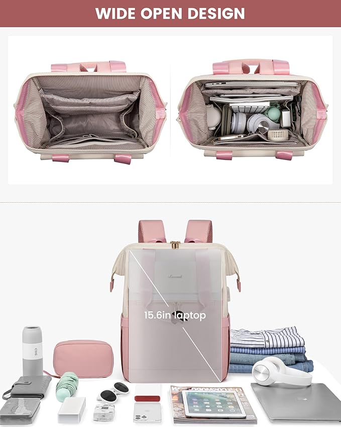 LOVEVOOK Laptop Backpack for Women, 15.6 Inch Work Laptop Bag with USB Port, Fashion Teacher Nurse Backpack Purse, Waterproof Travel Computer Backpack with Organizer Bag, 2PCS, Beige-Pink
