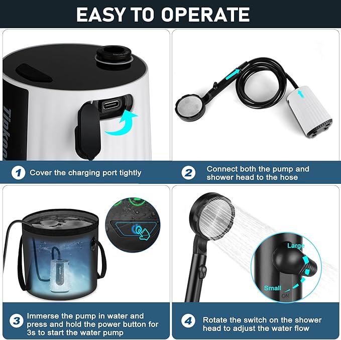 Portable Shower for Camping Essentials: 10000mAh Rechargeable Battery Powered Shower, IPX8 Waterproof Camp Shower Pump, 5-Speed Outdoor Shower with LED Display, Camping Gifts for Men, Dog Bath, Hiking