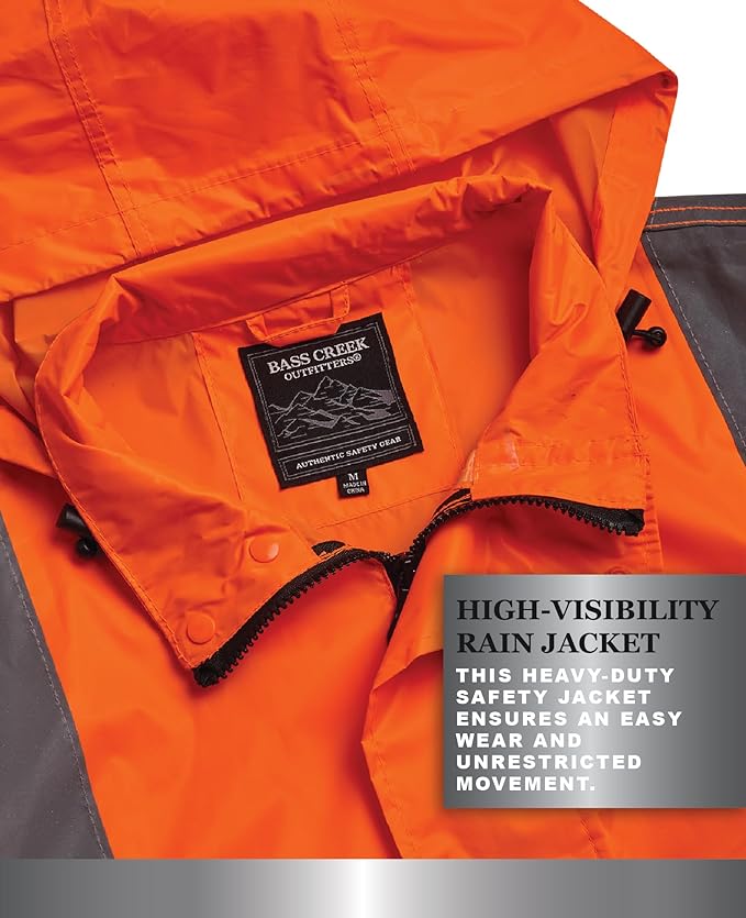 Bass Creek Outfitters Mens Rain Jacket - Waterproof Hooded High Visibility Safety Coat with Reflective Strips