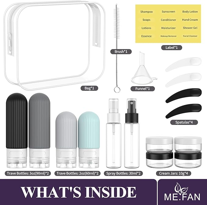ME.FAN 18 Pack Travel Bottles for Toiletries, TSA Approved Silicone Portable Size Bottle, Refillable Cosmetic Container Kits for Conditioner, Shampoo, Lotion,Face Cream - Grey