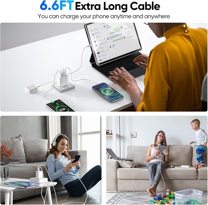 2 Pack USB C Charger Block 60W, 4-Port GaN5 Super Fast Phone Charger, Type C Charging Block PD 20W & QC 20W with 6.6FT USB C Cable for iPhone17 Air/17/16/15Pro Max Samsung Galaxy S24