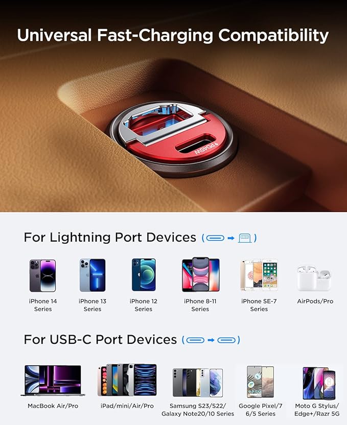 MRGLAS 90W USB C Car Charger Fast Charge, PD45W & QC45W, Flush Fit, Extra 3.3ft Type C Cable, All Metal, Cigarette Lighter USB Charger for iPhone 16 15 Pro Samsung S25 S24 S23 Ultra Pixel 8/8Pro/7-Red