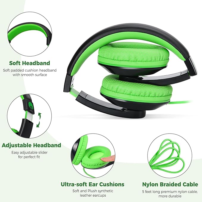 rockpapa Comfort Kids Headphones for School, Lightweight Foldable Portable Childs Boys Girls Teens Headphones Wired 3.5mm with 4.9ft Cord for Travel Airplane Tablet Phone Pad Laptop Black/Green