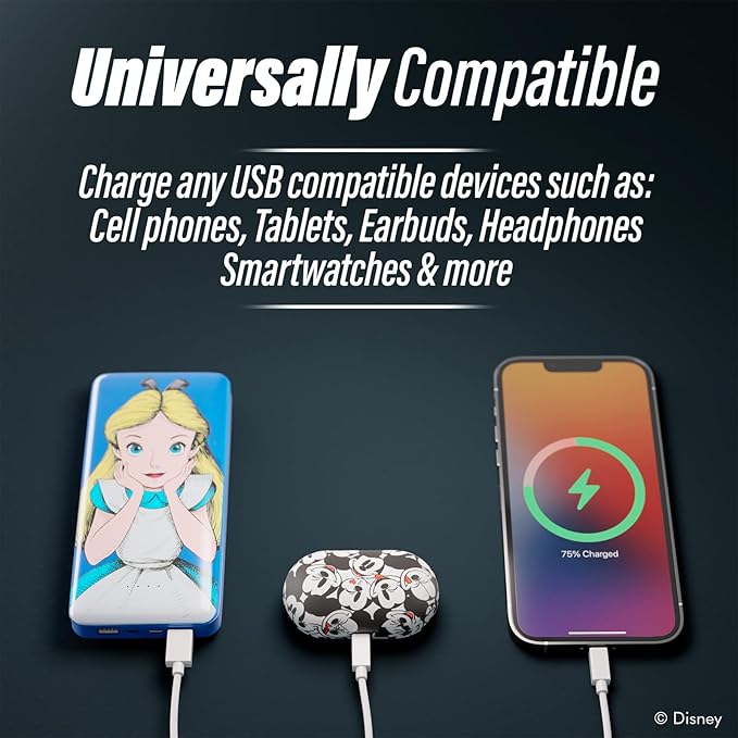Disney Alice in Wonderland 10,000Mah Power Bank- Universally Compatible Portable Phone Charger Battery Pack w/USB Charging Port - Alice Gifts for Women, Men, Teens and Kids