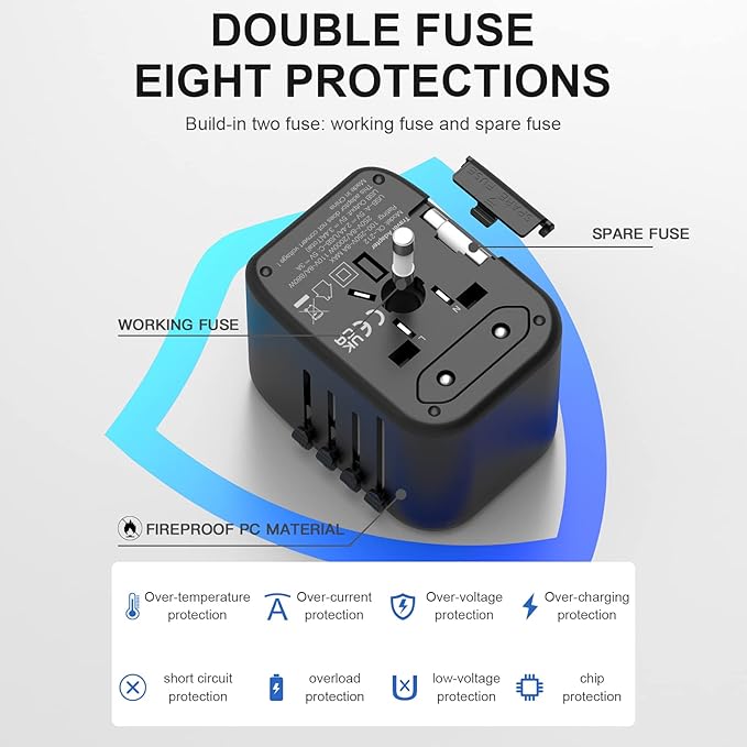 Universal Travel Adapter, VYLEE 5 in 1 International Power Adapter, 3.5A 2xUSB-A and 2xUSB C Wall Charger, Worldwide Travel Essentials Plug for Europe USA UK AUS Asia (Black)