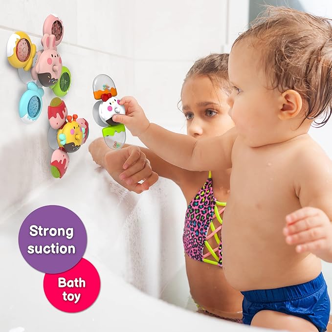 LiKee Strong Suction Cup Fidget Rotating Sensory Bath Toys for Baby Christmas Stocking Stuffers, Airplane Car Travel Table & Window Toys for Toddler Boys and Girls, 10+ Months