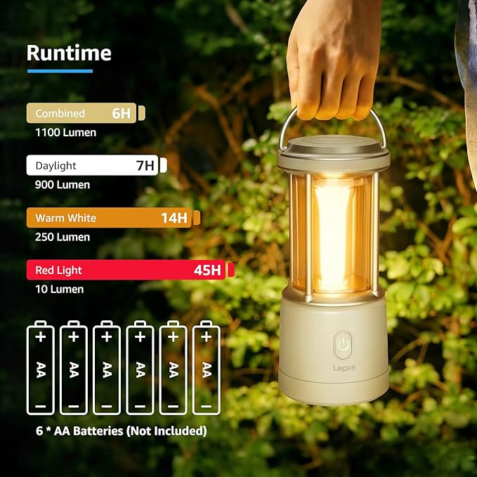 Lepro 1100LM Battery Powered LED Camping Lantern, Waterproof Tent Light with 5 Light Modes, Camping Essentials, Portable Lantern Flashlight for Camping, Emergency Light, Power Outage, Not Rechargeable