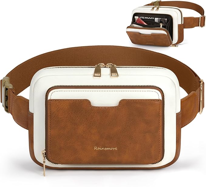 RAINSMORE Fanny Packs for Women, Leather Belt Bag Waterproof Everywhere Crossbody Waist Pack with Adjustable Strap Retro Sling Chest Bag for Work Running Travel Party, Brown with White