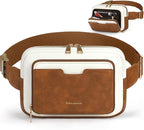 RAINSMORE Fanny Packs for Women, Leather Belt Bag Waterproof Everywhere Crossbody Waist Pack with Adjustable Strap Retro Sling Chest Bag for Work Running Travel Party, Brown with White