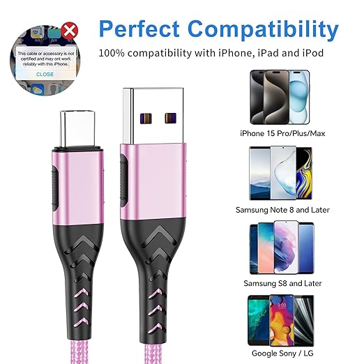 Durcord USB C Cable,2Pack 6ft Fast USB Type C Charging Cable for Android/Phone/Pad/Laptop, Type C Charger Braided USB Cable Compatible with iPhone 15 Pro/Plus/Max/Android/Phone/Pad Rose Gold