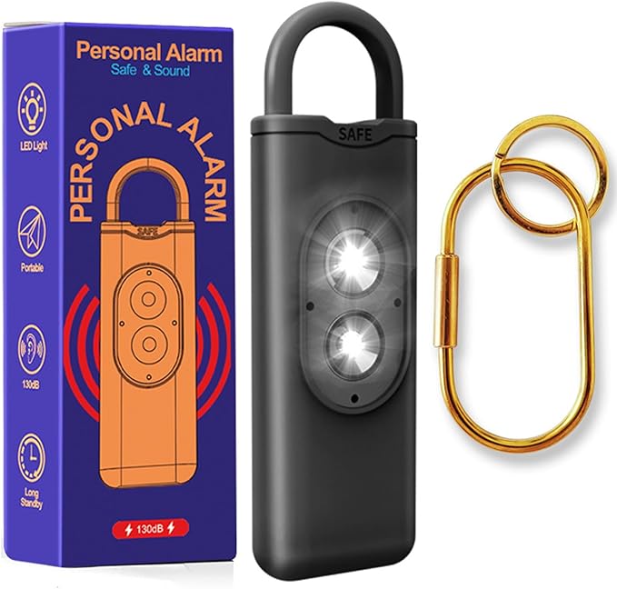 Halo-Siren Keychain, HaloSiren Personal Safety Alarm - 130db Loud Alarm Keychain with LED Strobe Light, Compact Emergency Siren (Double Flashing Lights - Black + Copper Ring)