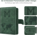 Personalized M Passport Holder Cover Initial Letter Travel Wallet RFID Blocking Passport Cover Credit Card Holder Case Passport Book Holders for Women and Men, Pine Green-M