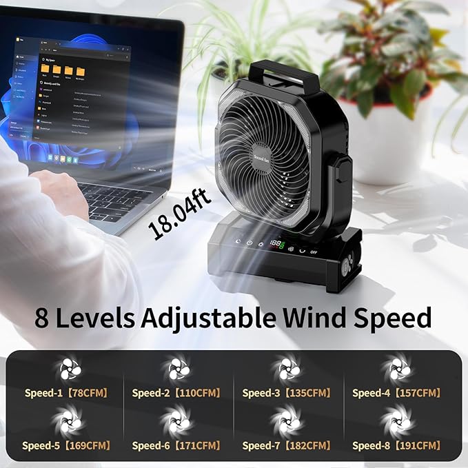 Socool Camping Fan with Light, 20000mAh Rechargeable Battery Fan with Remote, 112Hrs & 8 Speeds, Digital Display, Timer, Auto Oscillation, 270° Pivot & Hook for Outdoor Tent, Hurricane, Power Outage