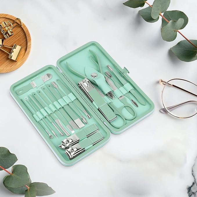 Teamkio 18pcs Manicure Set Pedicure Nail Clippers Set Travel Hygiene Kit Stainless Steel Professional Cutter Care Set Scissor Tweezers Knife Ear Pick Tools Grooming Kits with Leather Case