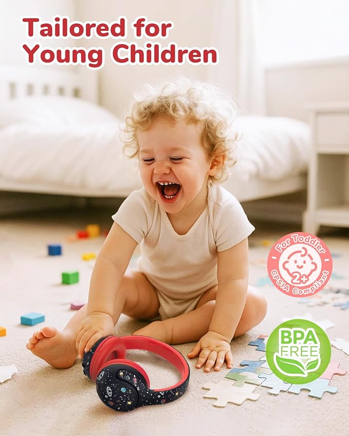 iClever BTH27 Toddler Headphones for 2+ Year Old-CPC Certified, 75/80dBA Safe Volume Limited, 74H Playtime, Bluetooth 5.4, BPA Free, Kids Bluetooth Headphones Aux Cord for Travel iPad, Black