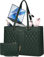RAINSMORE Laptop Bag for Women 15.6 Inch Work Tote Bags Leather Laptop Tote Professional Laptop Purse Computer Handbag Womens Briefcase Tote with Clutch for Teacher Office Travel, Dark Green