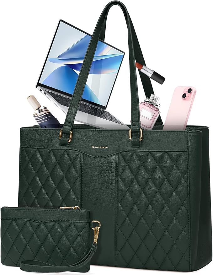 RAINSMORE Laptop Bag for Women 15.6 Inch Work Tote Bags Leather Laptop Tote Professional Laptop Purse Computer Handbag Womens Briefcase Tote with Clutch for Teacher Office Travel, Dark Green