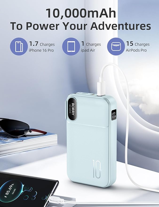 RORRY Portable Charger Built in Cables, AC Wall Plug in Portable Charger Power Bank 10000mAh Travel Battery Pack 22.5W Fast Charging for iPhone 17/16/15 Samsung Galaxy S25/S24/S23 Pixel LG iPad, Blue