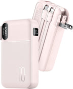 RORRY Portable Charger Built in Cables, AC Wall Plug in Portable Charger Power Bank 10000mAh Travel Battery Pack 22.5W Fast Charging for iPhone 17/16/15 Samsung Galaxy S25/S24/S23 Pixel LG iPad, Pink