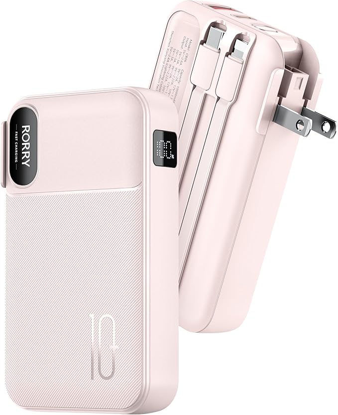 RORRY Portable Charger Built in Cables, AC Wall Plug in Portable Charger Power Bank 10000mAh Travel Battery Pack 22.5W Fast Charging for iPhone 17/16/15 Samsung Galaxy S25/S24/S23 Pixel LG iPad, Pink