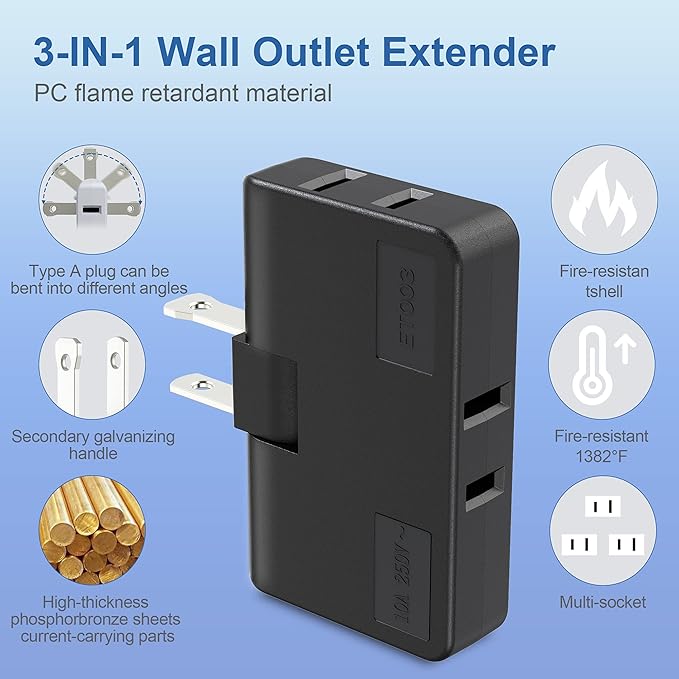 ETwinCoo 3-Way Flat Wall Outlet Extender & Splitter, 2-Prong Swivel Mini Plug - Safe AC Adapter for Home/Travel, Type A Black (2 Pack)