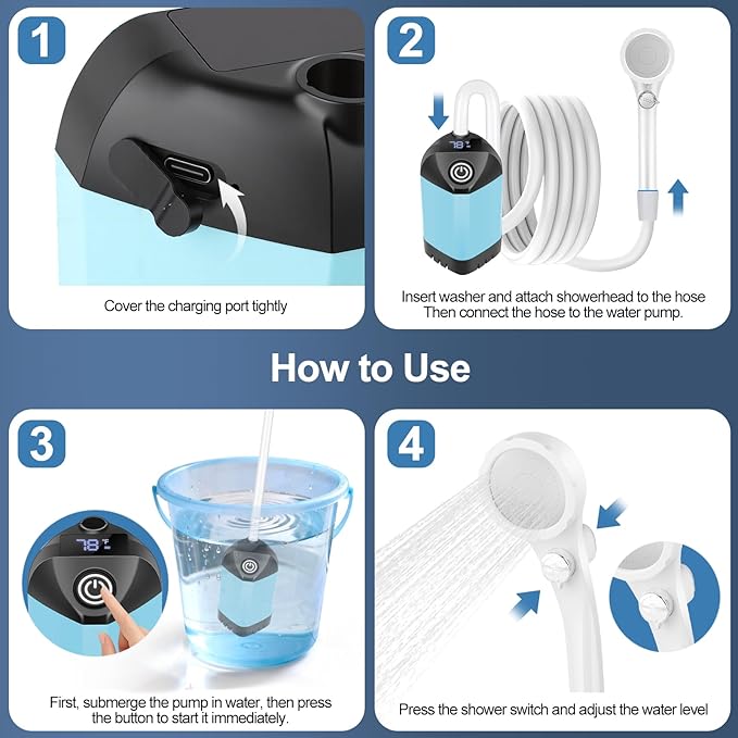 Portable Shower for Camping with 7800mAh Battery, Rechargeable Camping Shower with Intelligent LED Display, 3 Spray Modes, IPX8 Waterproof Outdoor Camp Pump for Hiking, Travel, Car, Pet