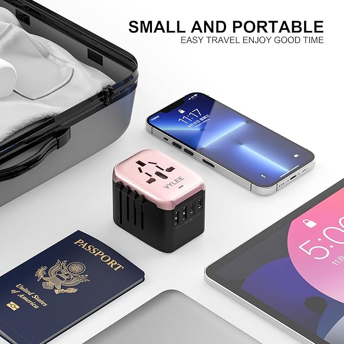 VYLEE Universal Travel Adapter, 5 in 1 International Power Adapter with 3.5A 2xUSB-A & 2xUSB-C Ports, Travel Plug Adapter Worldwide for Europe USA UK AUS Travel Essentials (Rose Gold)