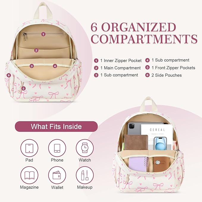LOIDOU Backpack for Girls School Backpacks Bookbags for Elementary Middle School Women Laptop Backpacks (Mini Bow tie Beige, S-12)