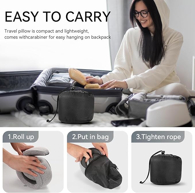 SZXYX Neck Travel Pillows - 100% Pure Memory Foam Neck Pillow for Airplanes, Comfortable Breathable Cover, 360° Support Stowable Pillows for Sleeping, Car, Airport Travel Essentials, Gray