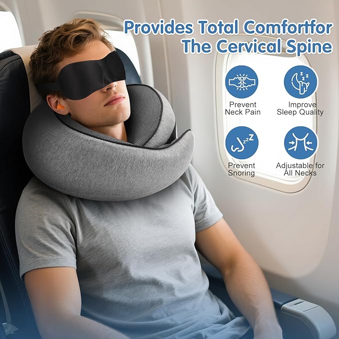 Travel Neck Pillow, Memory Foam Neck Support for Airplane, Car & Office, Breathable Portable Design with Eye Mask, Earplug Holder & Carry Bag, for Men&Women