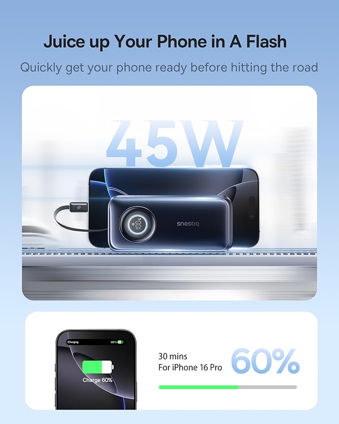 Baseus Qi2.2 25W Slim 10,000mAh Magnetic Portable Charger, Bundle 10000mAh Fast Charging Power Bank Built-in 45W Retractable USB-C Cable
