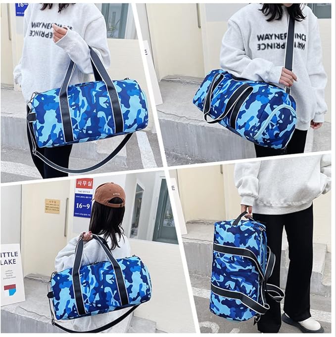 mezhsa Kids Overnight Duffle Bag Girls Boys Sports Gym Bag with Shoe Compartment Wet Pocket Camouflage travel bag (Blue)