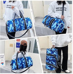 mezhsa Kids Overnight Duffle Bag Girls Boys Sports Gym Bag with Shoe Compartment Wet Pocket Camouflage travel bag (Blue)