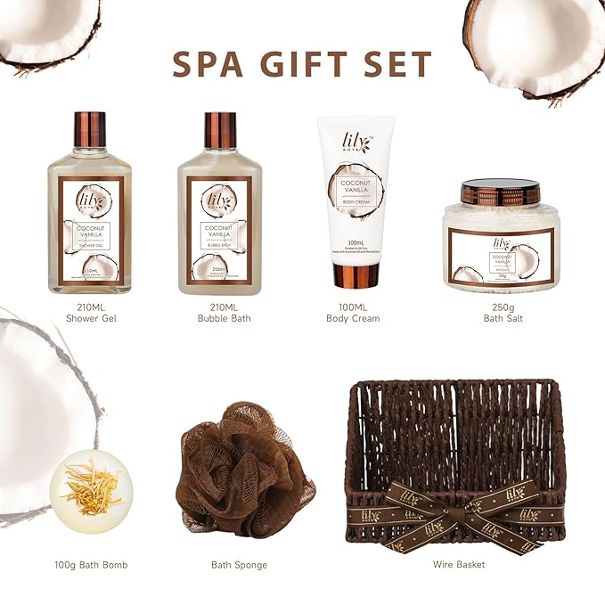 Gifts for Women and Men, Mothers Day Gift Basket for Mom, Bath and Body Gift Basket Set - 7Pcs Coconut Vanilla Spa Gift Basket Set | Christmas, Birthday, Gifts for Mom, Gift for Mom and Dad