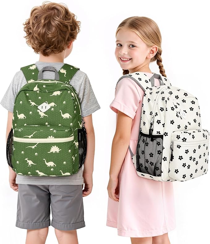 STEAMEDBUN Corduroy Kids Backpack for Girls Boys 3-8, Girls Backpack for Elementary Kindergarten - Flower