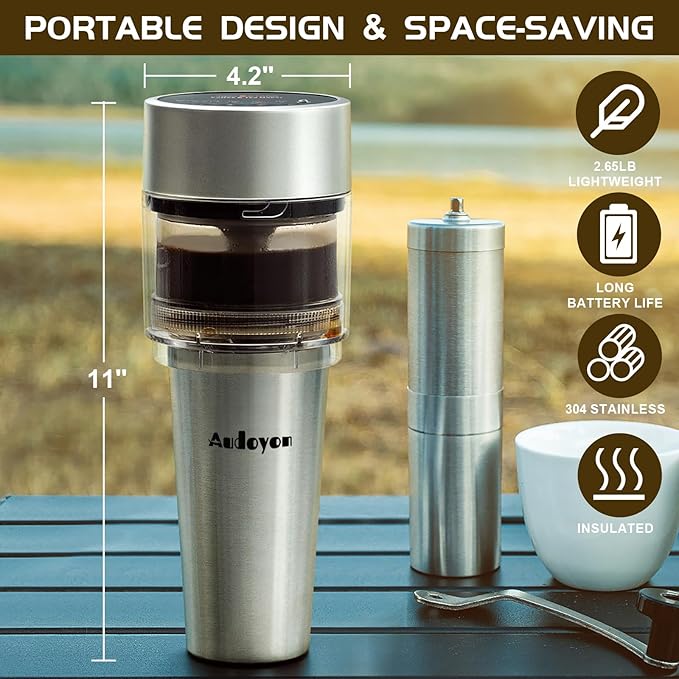 Portable Rapid Coffee Maker – 2-6 Min Quick Brew Electric Coffee & Tea Infuser Makes Smooth, Low-Acid Coffee, 16oz Stainless Steel Travel Cup for Camping, Office, Hiking, Beach, Hotel, RV