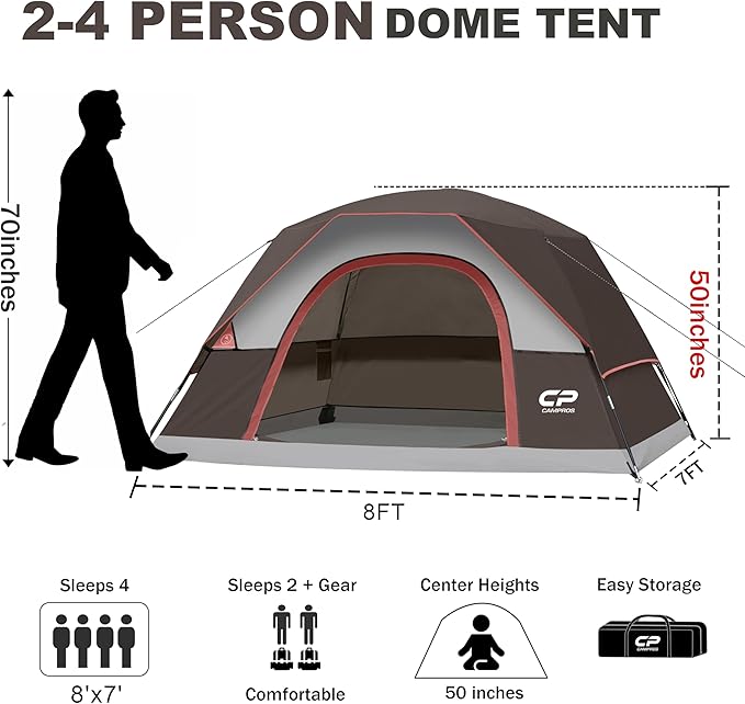 CAMPROS CP Camping Tent 2/4/6 Person, Waterproof Windproof Double Layer Dome Tent, Easy Setup with Large Mesh Windows & Wide Door for Outdoor Camping Backyard