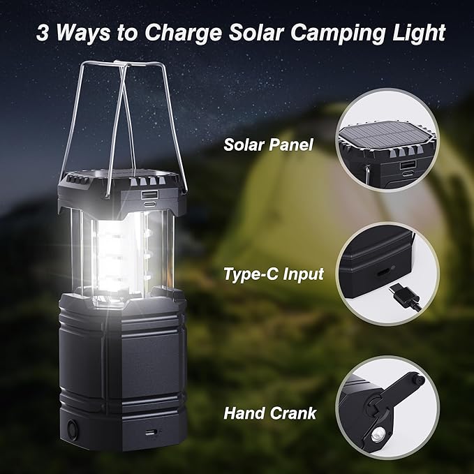 3000mAh Large Capacity Hand Crank Solar Camping Lantern, Portable Ultra Bright LED Torch, 23-26 Hours Running Time, USB Charger, Electronic Lantern for Outdoor