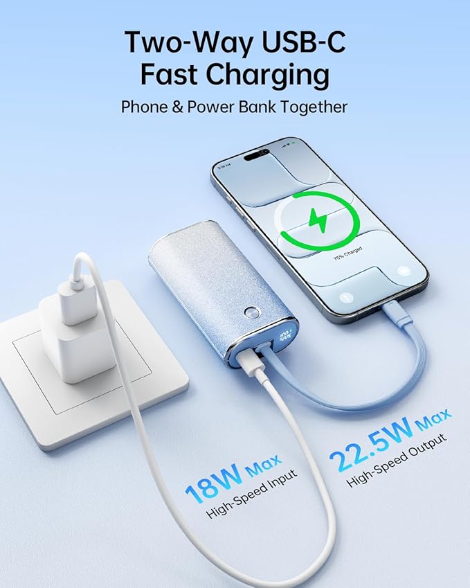 iWALK Sparkly 10000mAh Portable Charger, 22.5W Fast Charging Small Power Bank with Built-in USB-C Cable, Diamond Glitter Ultra-Compact Battery for iPhone 17/17 Pro/16/16 Pro/15, Samsung,ShinyBlue