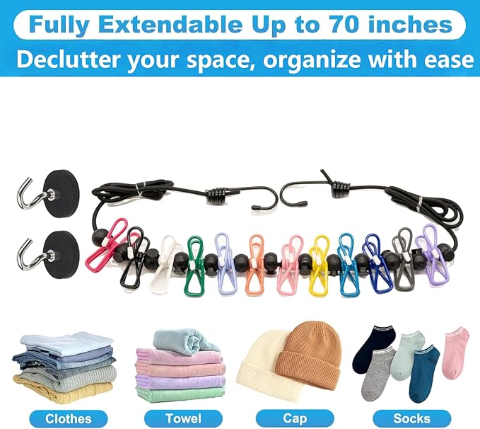 Portable Magnetic Clothesline for Cruise Ship Cabin, Travel Clothesline with 12 Clips and Carry Bag, Rubber-Coated Non-Scratch Magnets for Cruise, RV & Hotel