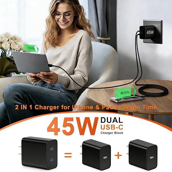 45W Dual Type C Charger Fast Charging for Samsung,PD 3.0 GaN Super Fast Android Phone Charger Block with Long USB C Cable 10FT/6FT for Galaxy S25/S25 Ultra/S25+/S24+/S23/S22/for iPhone 17/16/15 Series