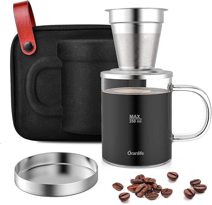 Oranlife Pour Over Coffee Maker Set for Travel/Camping/Hiking, Single Cup, Stainless Steel Coffee Filter, 14 Oz Borosilicate Glass Mug, Extra Permanent Lid and Moulded Neoprene Case, at Home/Office