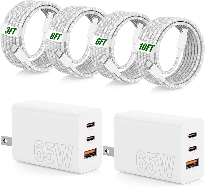 65W Super Fast Charging USB C for iPhone 17 16 Pro Max,3 Port 100W PD USB C Charger Block & 3/6/6/10FT Braided Type C Cord for iPhone 17 16 Pro,iPhone 15 Pro Max,for Samsung S26 Ultra/MacBook Pro/Air